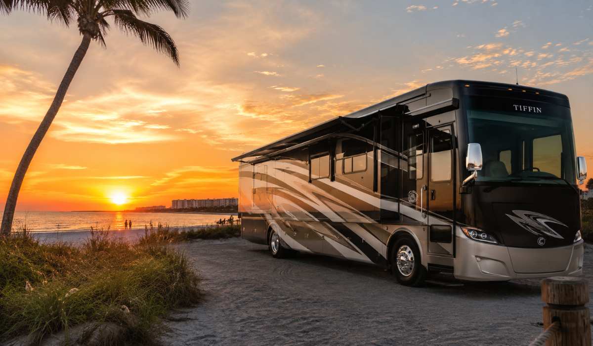 Luxury Class A motorhome parked near a Florida beach