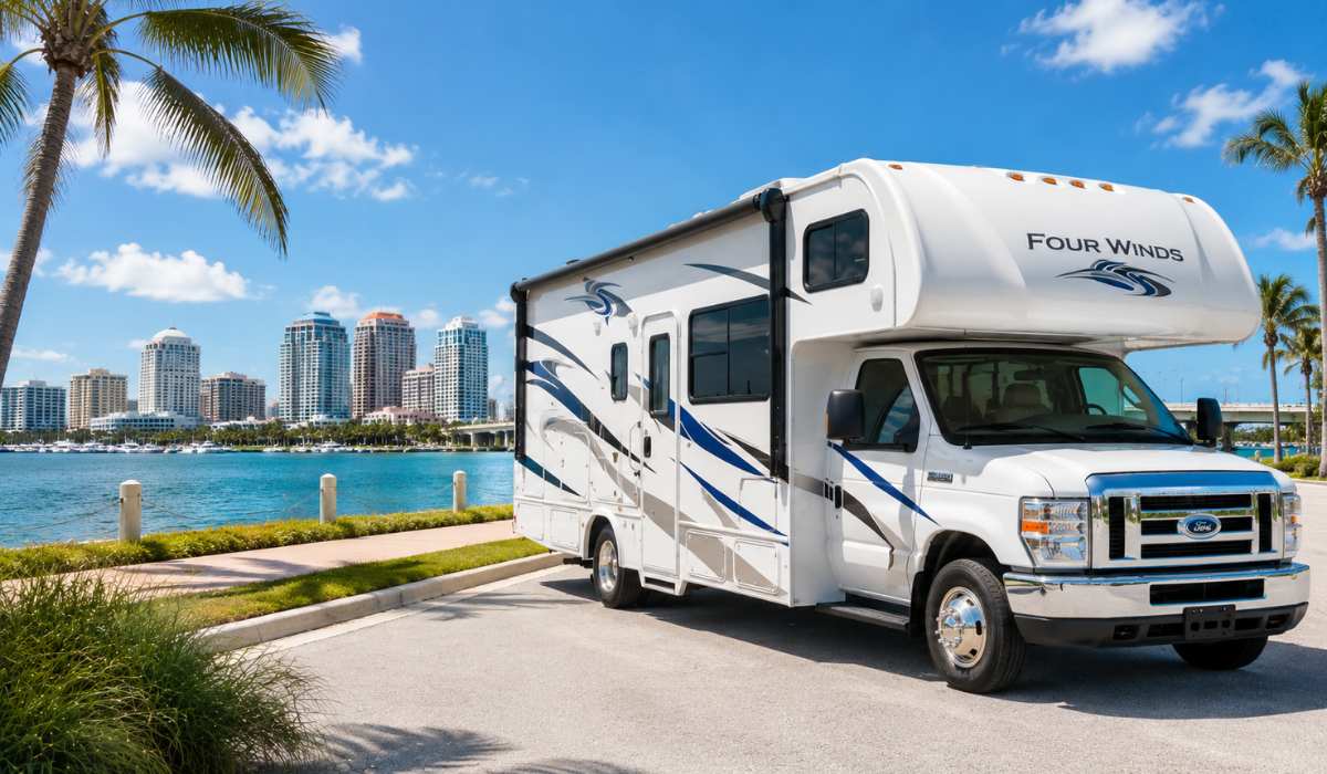 Class C motorhome parked near a tropical Florida beach