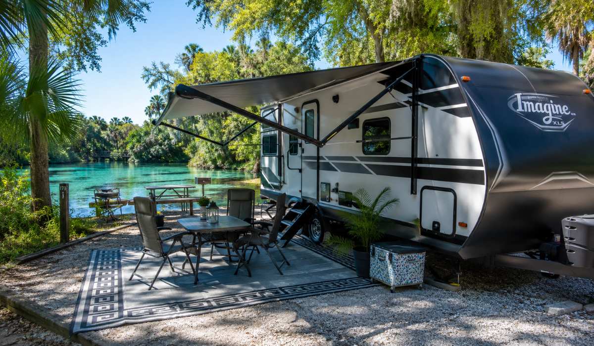 Travel trailer set up at a Florida campsite