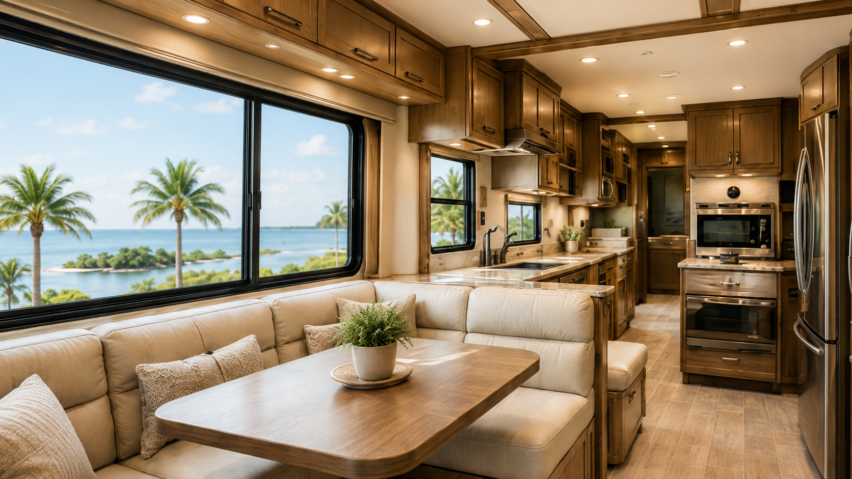 Luxury RV interior available through Velora RV Rental consignment program